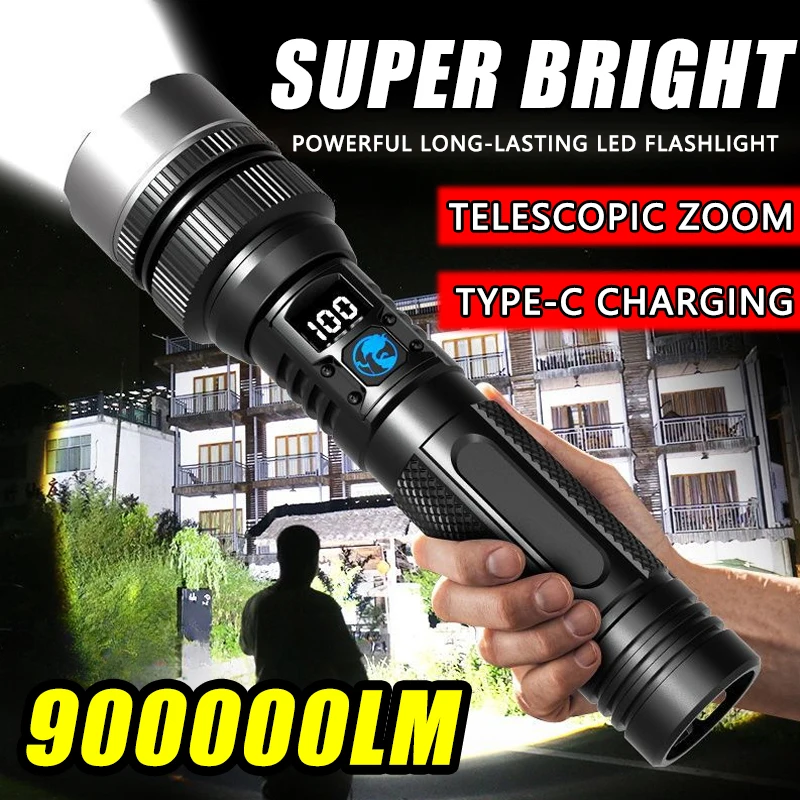900000LM Powerful LED Flashlight Zoom Torch with Digital Display Portable…