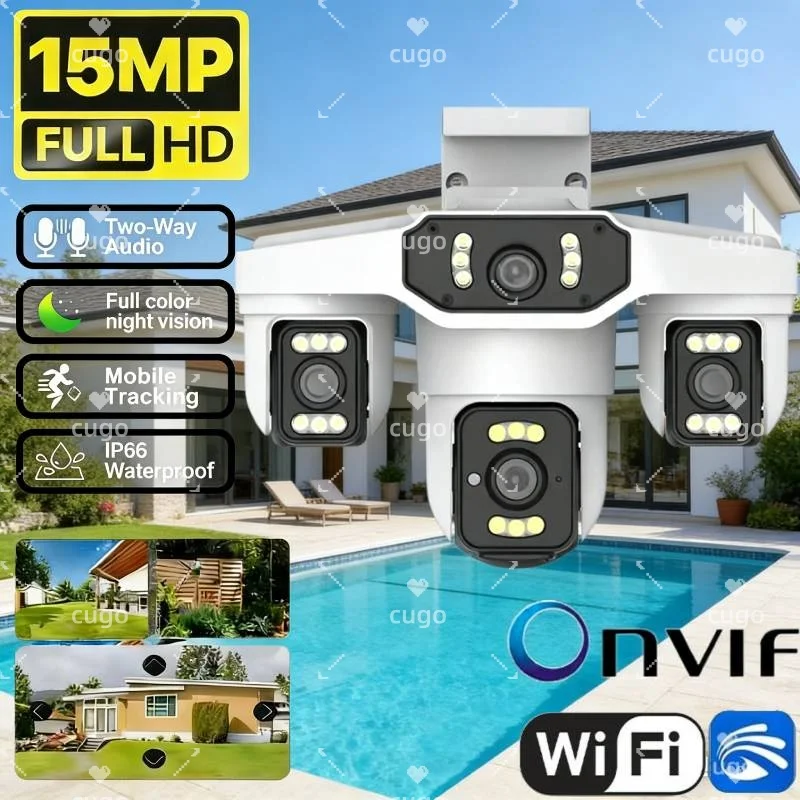 15MP Wi-Fi IP Camera Three Lenses 8K PTZ Four Lens Outdoor Smart Home…