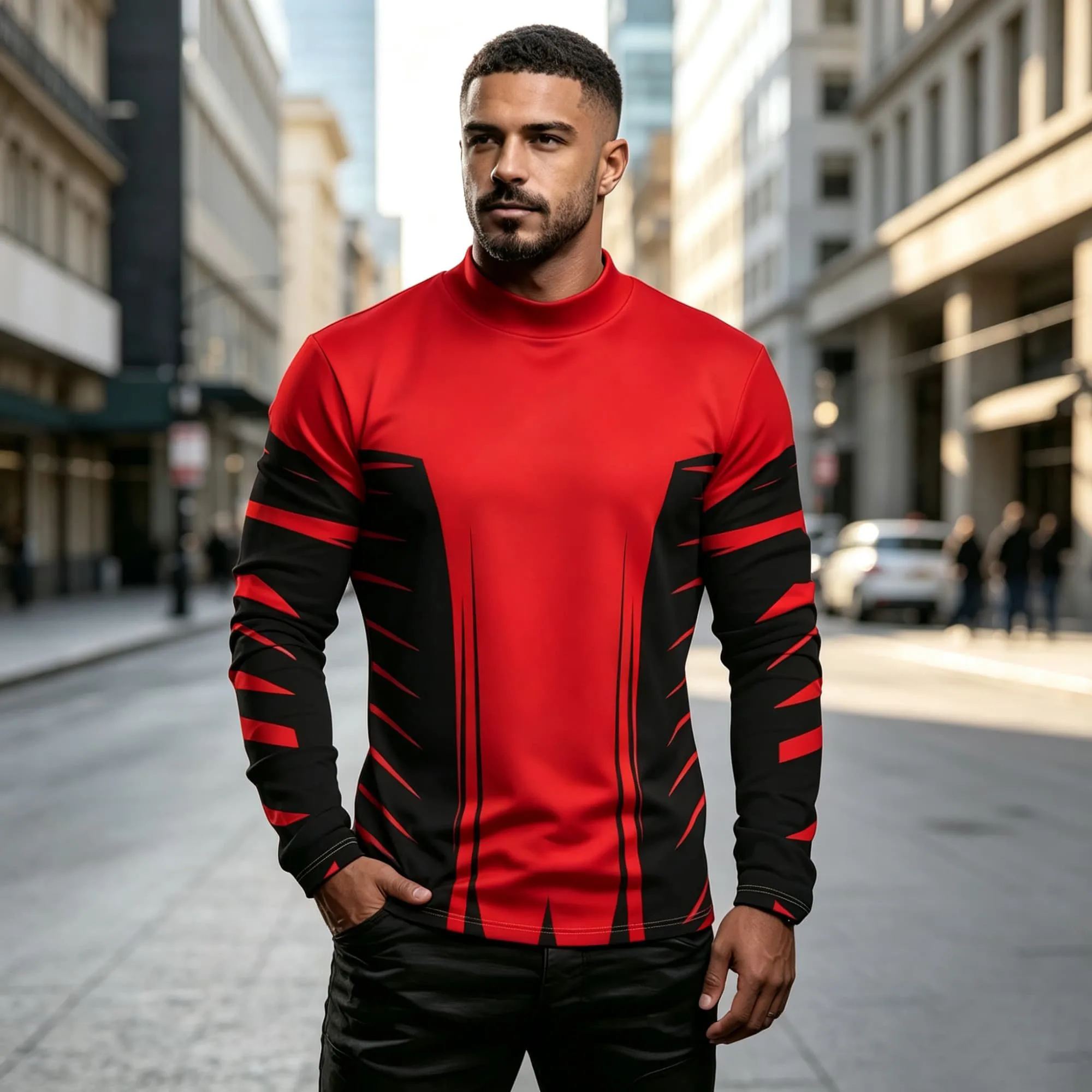 Sport‑Cosplay Vibe Men Long‑Sleeve Casual Top Black Angular Striped Splicing…