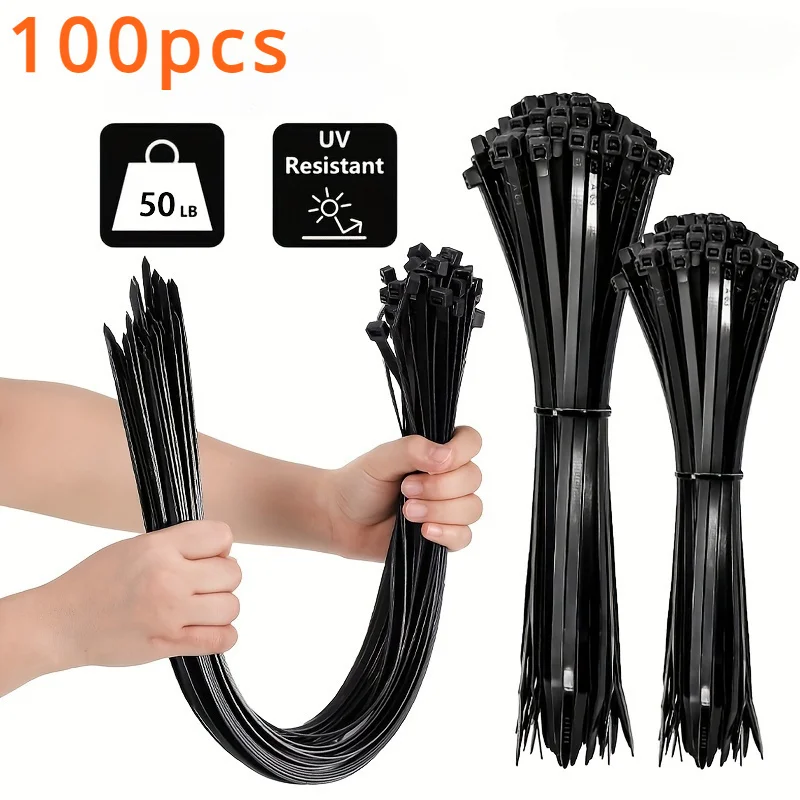 100pcs Black Cable Ties High Tensile Strength, UV Resistant, Self-Locking for…
