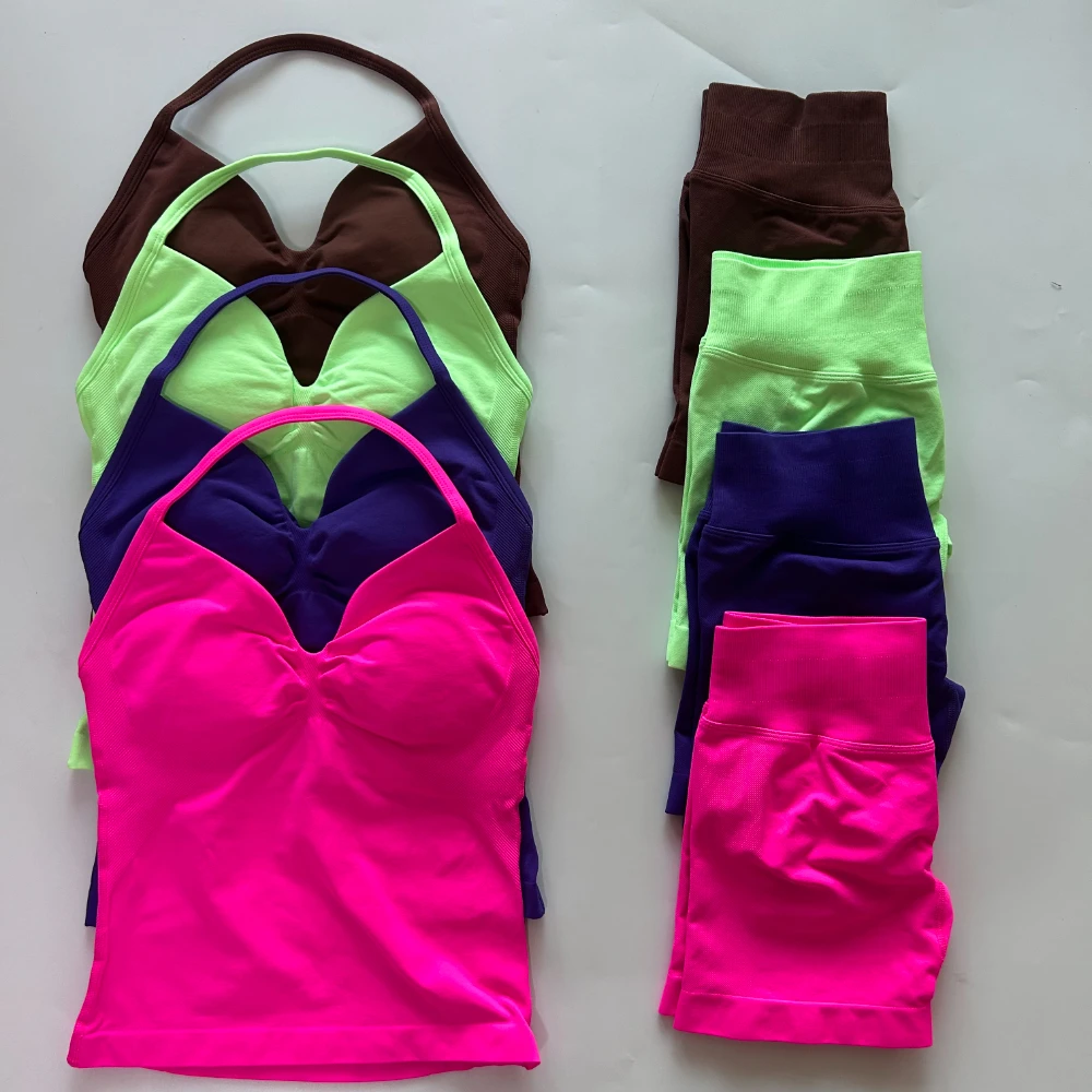 no Logo 2Pcs Gym Set Women Backless Tank Tops High Waist Scrunch Seamless…