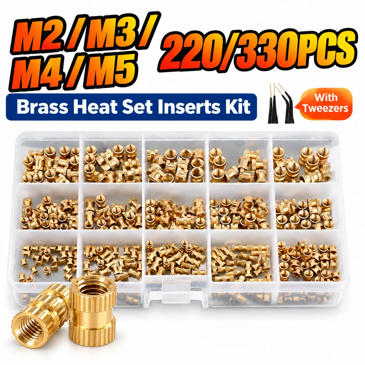 330/220PCS Brass Heat Set Inserts Kit M2 M3 M4 M5 Threaded Inserts for 3D…