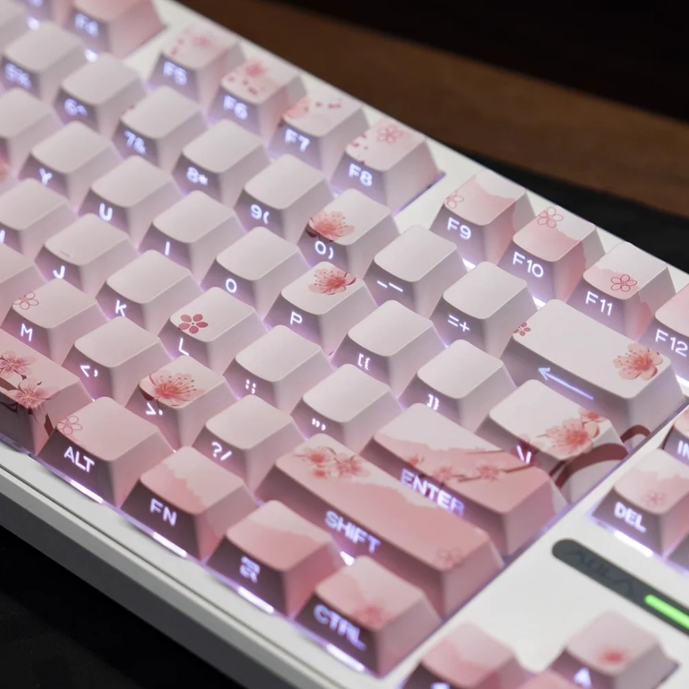 Pink Cherry Blossom Keycap with Side Engraved Translucent PBT 127 Keys…