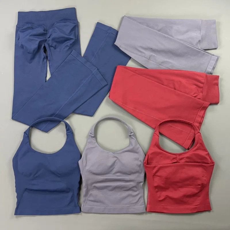 2Pcs Flare Leggings Set Seamless Halter Sports Top and Solid Women Hip…