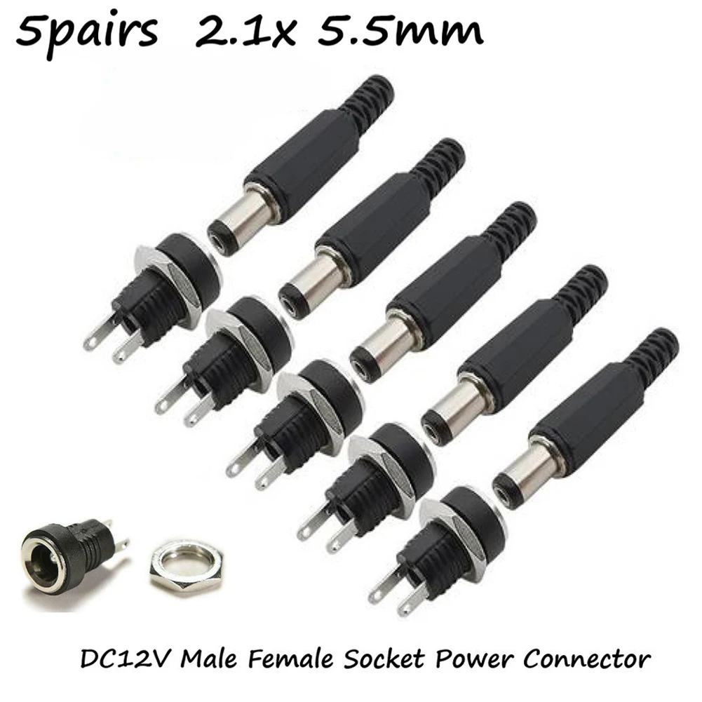 5 Pair DC 12V Male Female Socket Panel Mount Barrels Jack Plug Power…