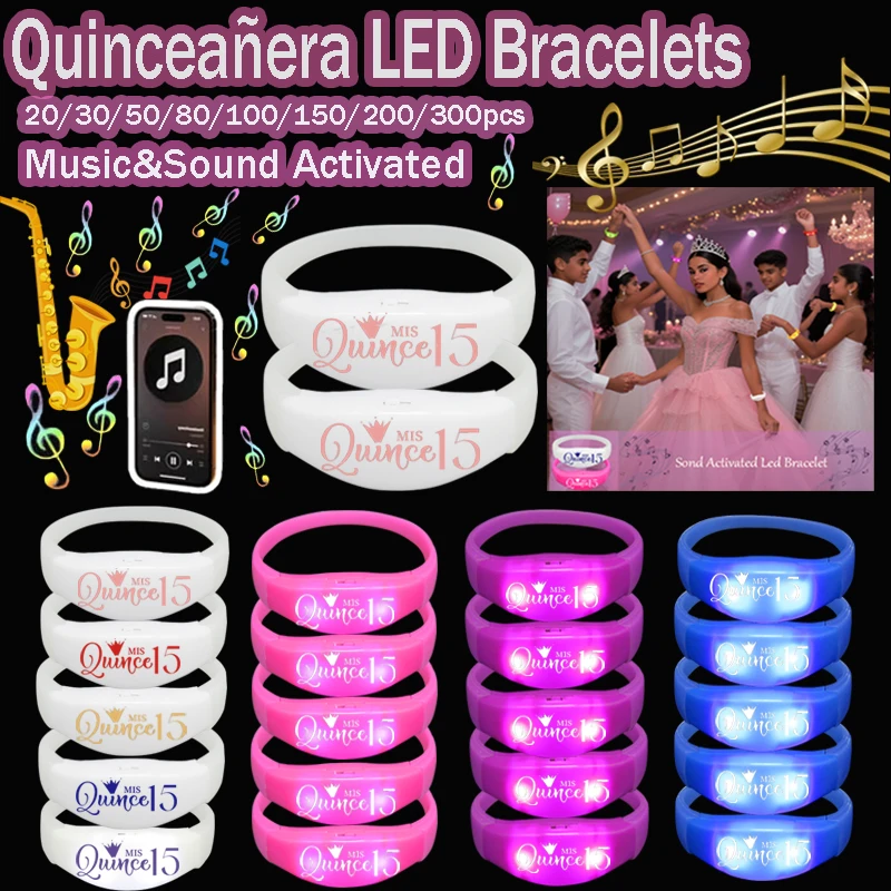 20-300pcs Quinceanera Music & Sound Activated LED Bracelet Light Up Bracelet…