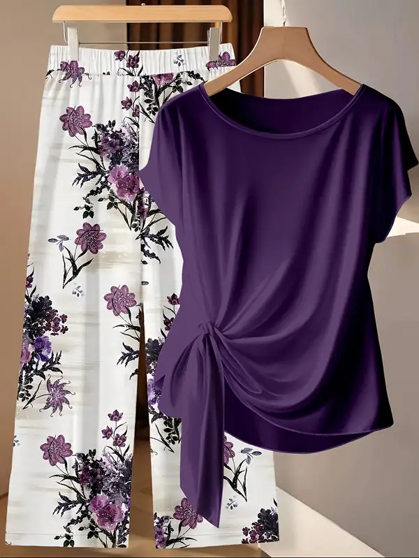 Womens Purple Floral Contrasting Color Lace Up Bow Shirt and Straight Loose…