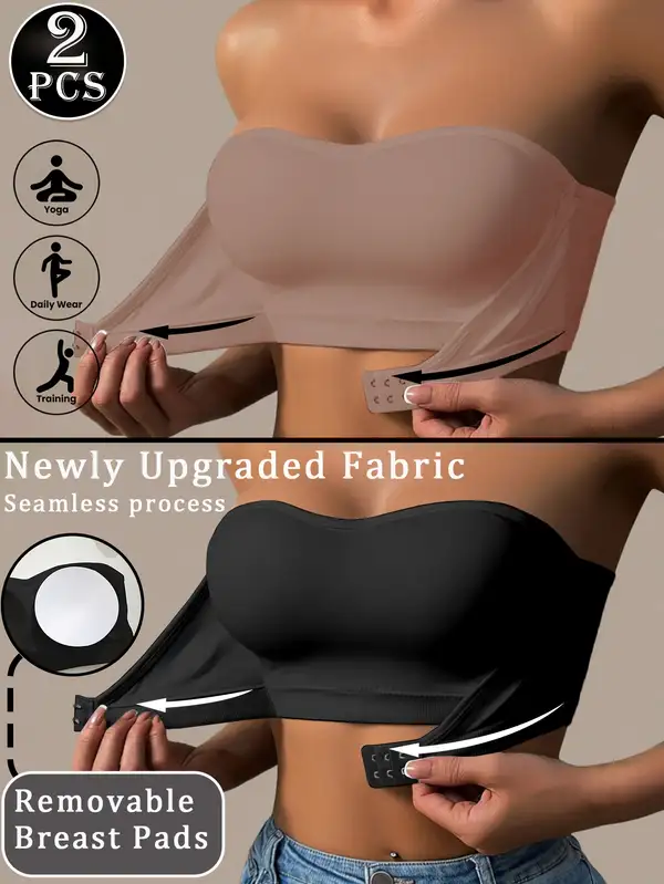 2pcs Womens Strapless Bandeau Bra Wire Free Occasions Front Closure Removable…