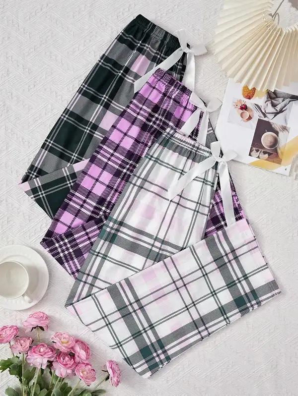 Womens Three Piece Set with Bow Belt and Plaid Print Features Comfortable…