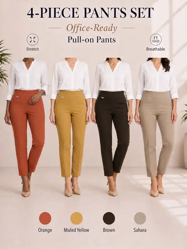 4pcs Womens Pull on Work Pants Stretchy Breathable Office Pants Smooth…