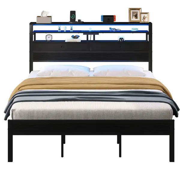Bed Frames with Charging Station with 2 Fabric Drawers and Storage Shelves 4…