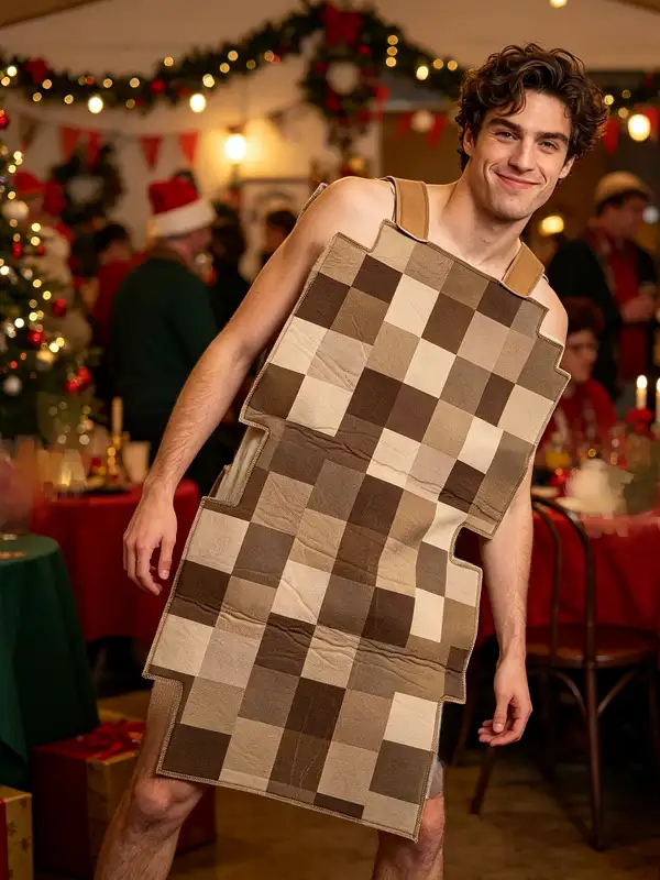 Couple Pixel Block Costume Set Brown Plaid Mosaic Tunic with Sponge Composite…