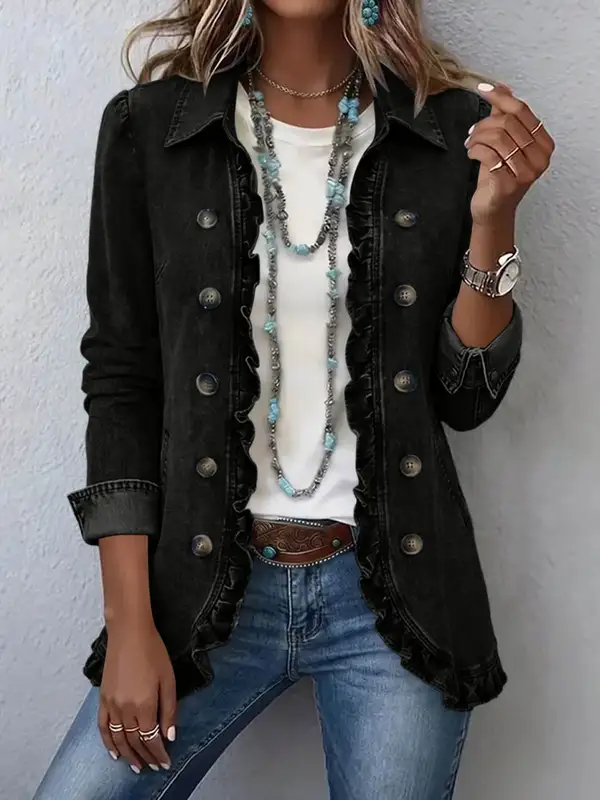 Ruffled Denim Jacket for Women Double Button Open Front Outerwear Open Front…