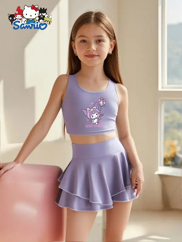 Girls Printed Yoga Tank Top and Unique Double Layer Skirt Set Sporty Shorts…