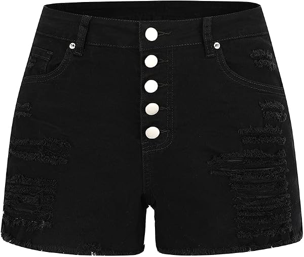 THUNDER STAR Women Mid Rise Ripped Stretchy Jeans Shorts Frayed Raw Hem…