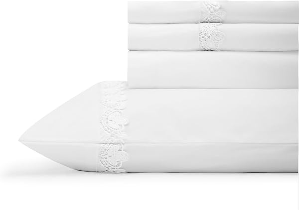 Linen Home 100% Cotton Percale Fluer Lace Sheets Queen Size, White, Deep…