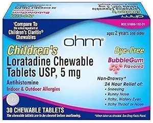 Ohm Children's Allergy Medicine, Loratadine 5mg, Chewable Tablets, 30 Count