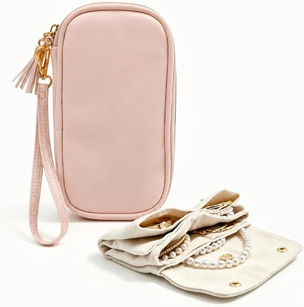 Lolalet Travel Jewelry Case Organizer, Ultra-Slim Soft Pouch -Apricotpink