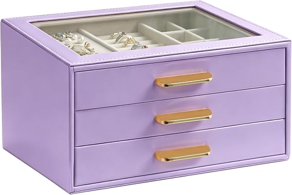 Homeanda Jewelry Boxes Organizer with Glass Lid, 3-Layer PU Leather, Purple