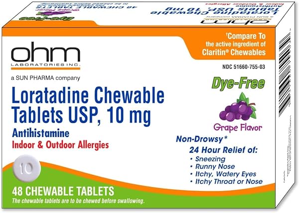 Ohm Loratadine 10mg, Chewable Tablets, Non-Drowsy Antihistamine for Indoor &…
