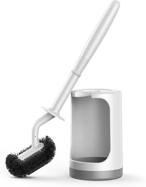 HAMITOR Toilet Bowl Brush Holder Set: Curved Design with Holder for Deep Cleaning Under Rim - Compact Hidden Scrubber for Small Space - Modern RV Bathroom Accessories - White 1 Pack