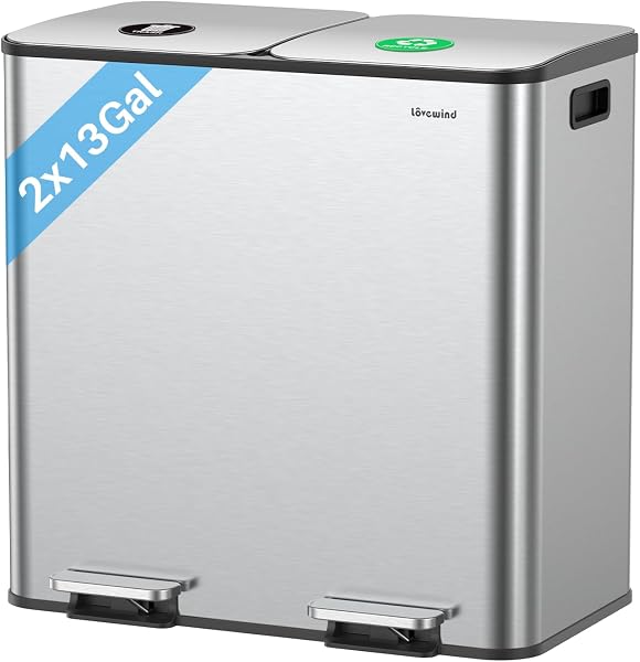 Dual Trash and Recycling Bins for Kitchen, 2×13 Gallon (2× 50L) Stainless…