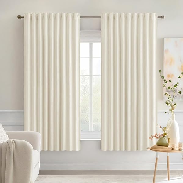 MIULEE Beige White Back Tab Blackout Curtains 52x63 Inches Long 2 Panel Set