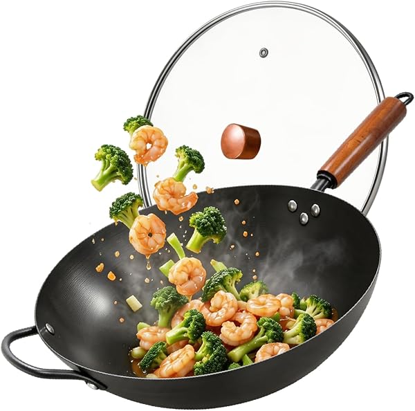 13" Carbon Steel Wok Pan & Glass Lid,Pre-Seasoned Flat Bottom Nitrided Wok