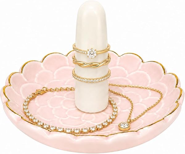 Ceramic Ring Dish Jewelry Tray, Pink Lotus Flower Jewelry Holder with Gold…