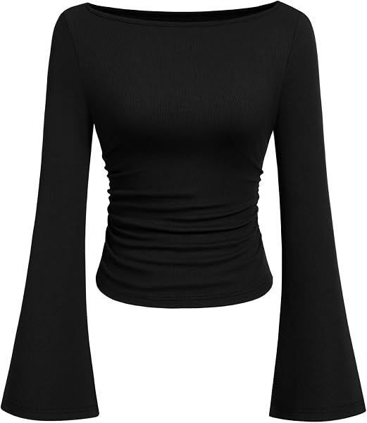 PRETTYGARDEN Womens Bell Long Sleeve Ribbed Knit Tops