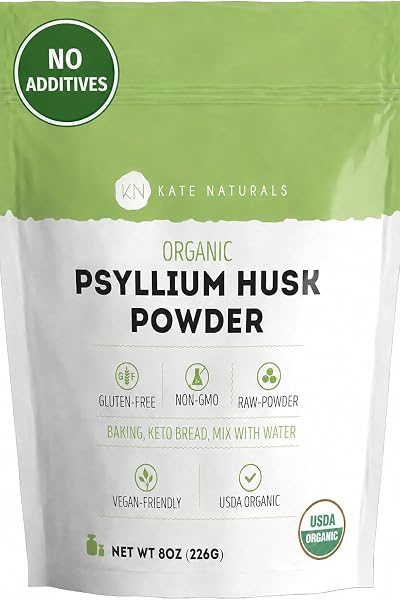 Kate Naturals Organic Psyllium Husk Powder for Baking, Shakes, Fiber, 8oz