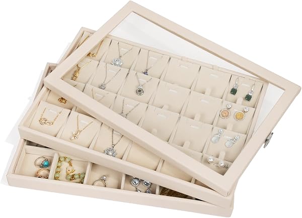 Jewelry Box Necklace Holder Tray Display Showcase (Beige)