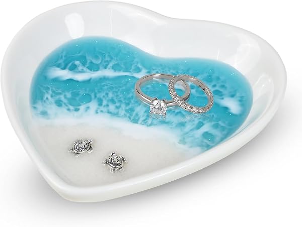 Handmade Beach Jewelry Dish Heart Sea Rings Holder with Couple Sea Turtles