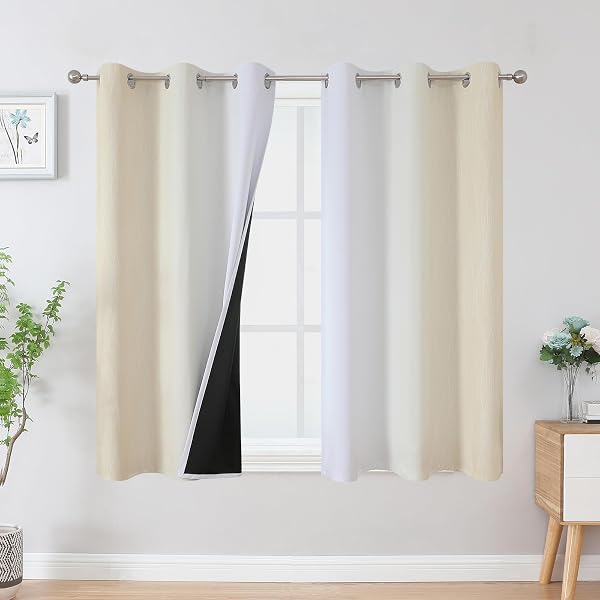Beige and Greyish White Ombre Blackout Curtains for Bedroom 45 Inches Long