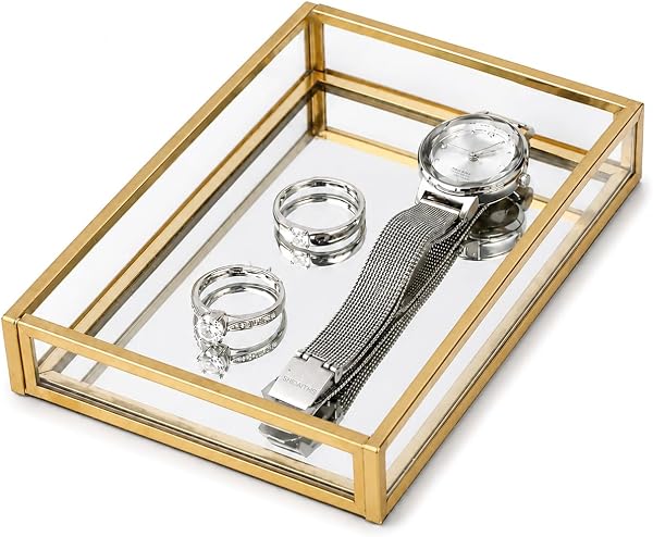 Feyarl Gold Glass Jewelry Tray for Nightstand Mini Vanity Tray Decorative…