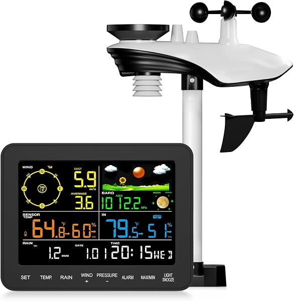 Weather Stations Wireless Indoor Outdoor, 12-in-1 Home Weather Station, Rain Gauge, Wind Speed, Barometer, Temperature, Humidity, Color Display Weather Forecaster, Alarm for Garden, Farm