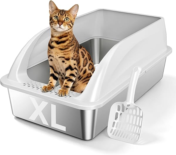 XL Open Top Stainless Steel Litter Box with High Sides,Light Gray