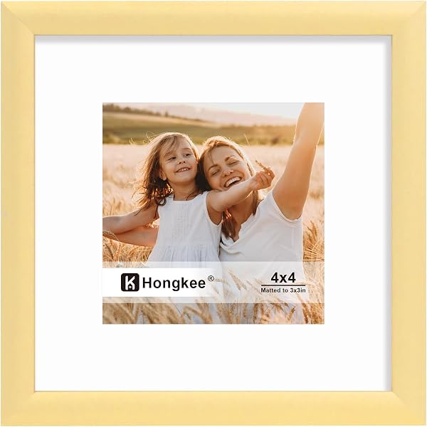 Hongkee 4x4 Picture Frame 1 Pack(Matted 3x3) Gold Metal - Real Glass Cover