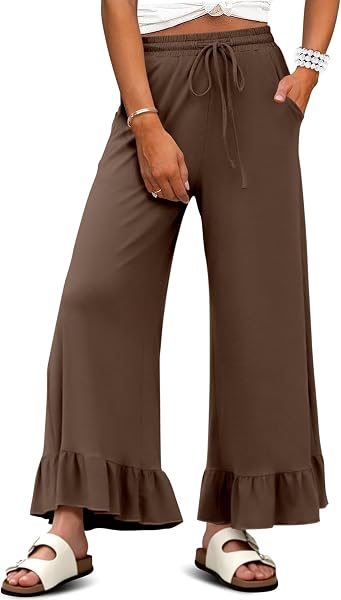 KISSMODA Womens Palazzo Lounge Pants Drawstring Elastic High Waisted Ruffle…