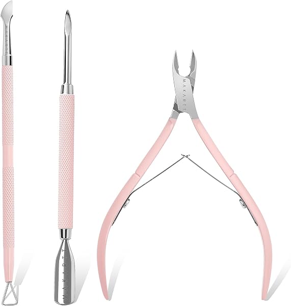 Makartt 3 Pcs Pink Cuticle Nipper Set, Stainless Steel Pusher & Scraper