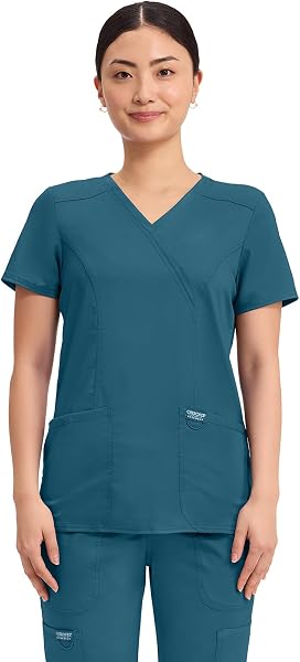 Cherokee Scrubs Top for Women Mock Wrap with 3 Pockets, Soft, 2-Way Stretch &…