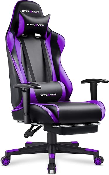 GTPLAYER Gaming Chair with Footrest, Ergonomic Computer Game Desk Chair, Reclining Gamer Chair Seat Height Adjustment, Swivel Rocker with Headrest and Lumbar, Purple