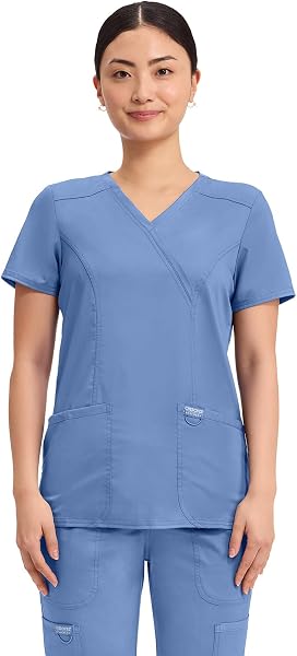 Cherokee Scrubs Top for Women Mock Wrap with 3 Pockets, Soft, 2-Way Stretch &…