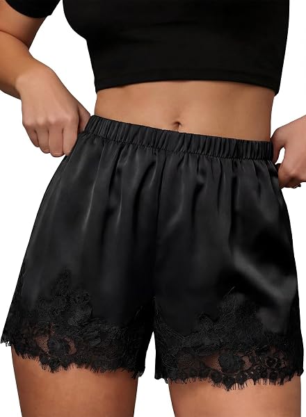 EVALESS Womens Shorts Satin Silk Lace Shorts Micro Mini Slip Pajama Shorts