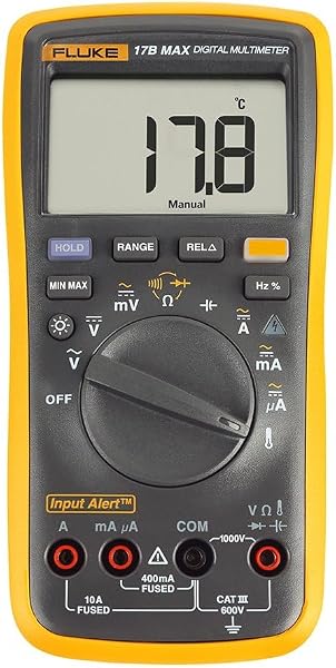 Fluke 17B+ Digital Multimeter, for Electrical Applications, Measures AC/DC Voltage 1000V, Current Measurements to 10A, Resistance, Continuity, Diode, Capacitance, Frequency, and Temperature Testing