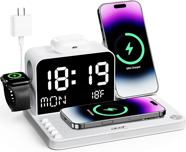 Acer 7-in-1 Wireless Charging Station with LED Clock - 30W Fast Wireless…