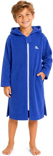 Kids 100% Cotton Hooded Towel Poncho, Zip-Up Swim Cover Up