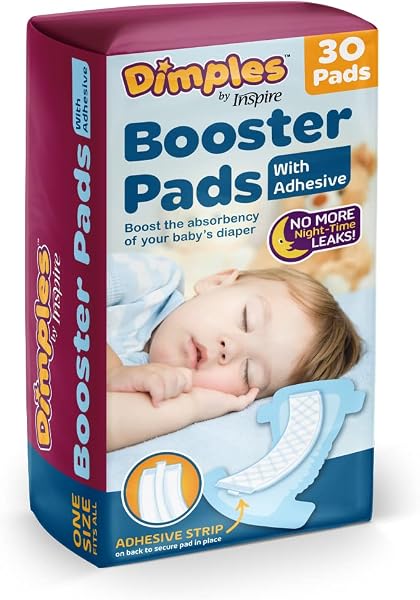 Inspire Dimples Booster Pads, Baby Diaper Doubler with Adhesive - Boosts Diaper Absorbency - No More leaks 30 Count (with Adhesive for Secure Fit) (30 Count)