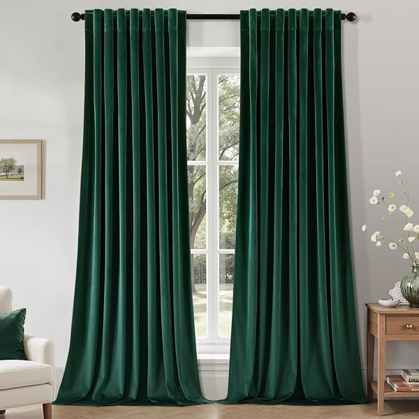 EMEMA Dark Green Velvet Curtains 2 Panels W40xL84 Inch Back Tab Rod Pocket