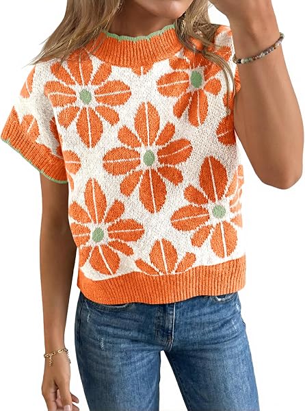 Saodimallsu Womens Floral Sweater Tops Short Sleeve Vintage Crew Neck Loose…